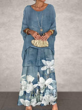 Women Retro Magnolia Floral Print Chiffon Tiered Maxi Dress Loose 3/4 Sleeve Casual Two-Piece Look Long Dress