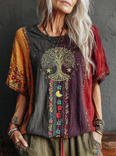 Women Vintage Color Block Tree Of Life Floral Embroidery Crew Neck Cotton Linen Short Sleeve T-shirt