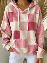 Women Vintage Color Block Plaid Long Sleeve Loose Hoodie