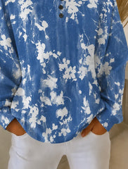 Women White-Blue Floral Print Henley Crew Neck Long Sleeve Sweatshirt