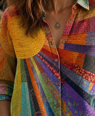 Vintage Sun Moon Ethnic Patchwork Print Long Sleeve Button Down Shirt