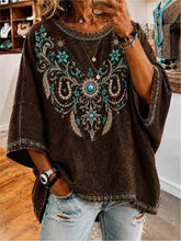 Brown Vintage Ethnic Embroidery Half Sleeve Loose Blouses