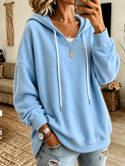 Blue Solid Color Long Sleeve Loose Hoodie