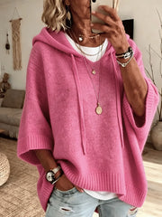 Pink Plain Knit Half Sleeve Loose Hooded Pullover