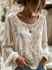 Elegant Women Floral Casual Blouse Crew Neck Long Sleeve Printing Top