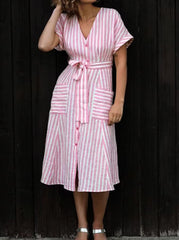 Women's Casual Retro Striped V?Neck Loose Casual Dress