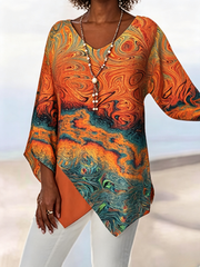 Women Abstract Vintage Blouse V Neck Long Sleeve Top