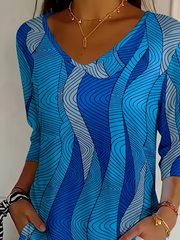Casual Abstract V Neck Three Quarter Sleeve T-shirt