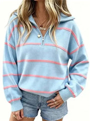 Women's Casual Oversized Zip Front Striped Long Sleeve Top