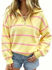 Women's Casual Oversized Zip Front Striped Long Sleeve Top