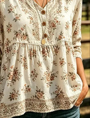 Women Floral Vintage Blouse V Neck Three Quarter Sleeve Top