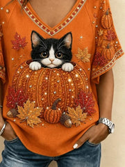 Casual Cat V Neck Short Sleeve T-shirt