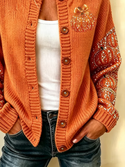 Women Pumpkin Pattern Long Sleeve Comfy Vintage Printing Cardigan