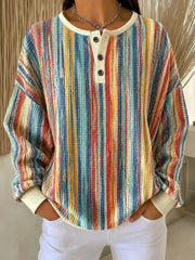 Vintage Casual Abstract Stripes Henley Collar Long Sleeve Sweatshirt