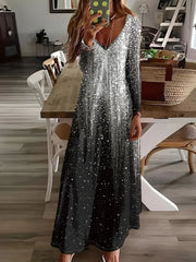 Women Casual Abstract Spring/Fall Printing Dress V Neck Long Sleeve H-Line Dress