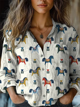 Petite Horse Repeat Pattern Printed Women's Casual Long Sleeve Comfortable Shirt