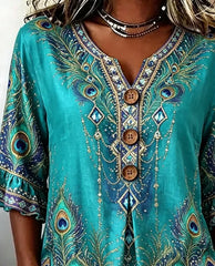 Women Floral Casual Blouse V Neck Half Sleeve Top