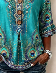 Women Floral Casual Blouse V Neck Half Sleeve Top