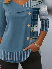 Women's Long Sleeve T-shirt Spring/Fall Blue Abstract Printing V Neck Daily Going Out Casual Top