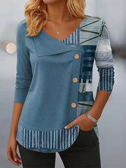 Women's Long Sleeve T-shirt Spring/Fall Blue Abstract Printing V Neck Daily Going Out Casual Top