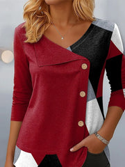 Women's Long Sleeve T-shirt Spring/Fall Red Abstract Printing V Neck Daily Going Out Casual Top