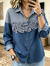 Women Casual Denim Gingham Spliced 3D Ruffle Floral Button?Down Shirt