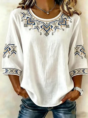 Women Vintage Floral Embroidered 3/4 Sleeve Linen Blend Casual Blouse