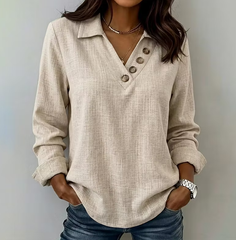 Women's Casual Retro Solid Color V-neck Button Long Sleeve Shirt