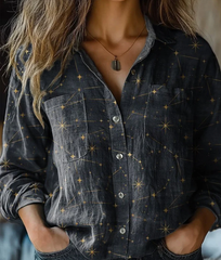Women's Casual Night Sky And Star Pattern Printed Long Sleeve Cotton Shirt
