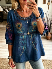 Women's Vintage Pattern Art Flowy 3/4 Sleeve Casual Top