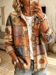 Women's Casual Fall Patchwork Pumpkin Print Corduroy Long Sleeve Shirt