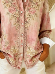 Women Floral Casual Shirt Shirt Collar Long Sleeve Buckle Top