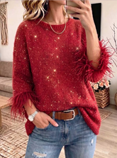 Women's Casual Loose fit Knit Top With Faux Mink Fur Panel Crew Neck And 3/4 Sleeves