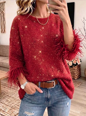 Women's Casual Loose fit Knit Top With Faux Mink Fur Panel Crew Neck And 3/4 Sleeves