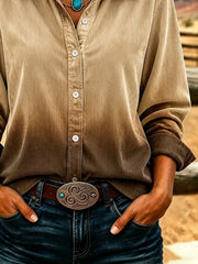 Women Ombre Casual Shirt Shirt Collar Long Sleeve Buckle Top