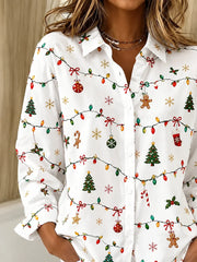 Women Christmas Casual Shirt Shirt Collar Long Sleeve Buckle Top
