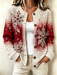 Women Casual Christmas Snowflake Art Printed Knitted Cardigan