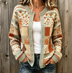 Women Vintage Maple Leaf And Floral Knit Cardigan