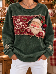 Women Casual Patchwork Santa Peeking Graphic Sweatshirt