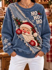 Women Casual Patchwork Santa Claus Peeking Sweatshirt