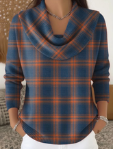 Women Plaid Printing Spring/Fall Casual Long Sleeve Cowl Neck Sweater