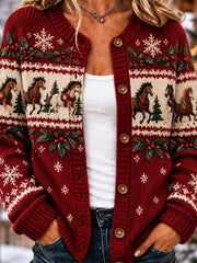 Vintage Casual Round Neck Horse Snowflake Pattern Cardigan