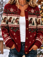 Vintage Casual Round Neck Horse Snowflake Pattern Cardigan