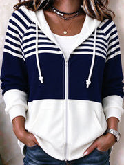 Women Spring/Fall Outerwear Casual Striped Long Sleeve Hoodie Jacket
