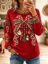 Women Casual Leopard Bow Holiday Ornament Graphic Waffle Sweatshirt