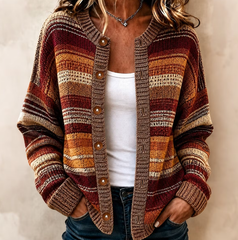 Women Bohemian Retro Striped Art Print Knit Button Cardigan