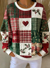Women Christmas Ribbed Patchwork Crew Neck Sweatshirt