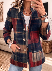 Women Plaid Blazer Notched Lapel Button Down Wool Blend Casual Jacket With Pockets