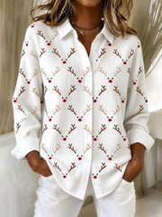 Women Christmas Casual Shirt Shirt Collar Long Sleeve Buckle Top