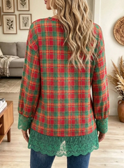 Women's Plaid Casual Crochet Lace Trim Tunic Top
